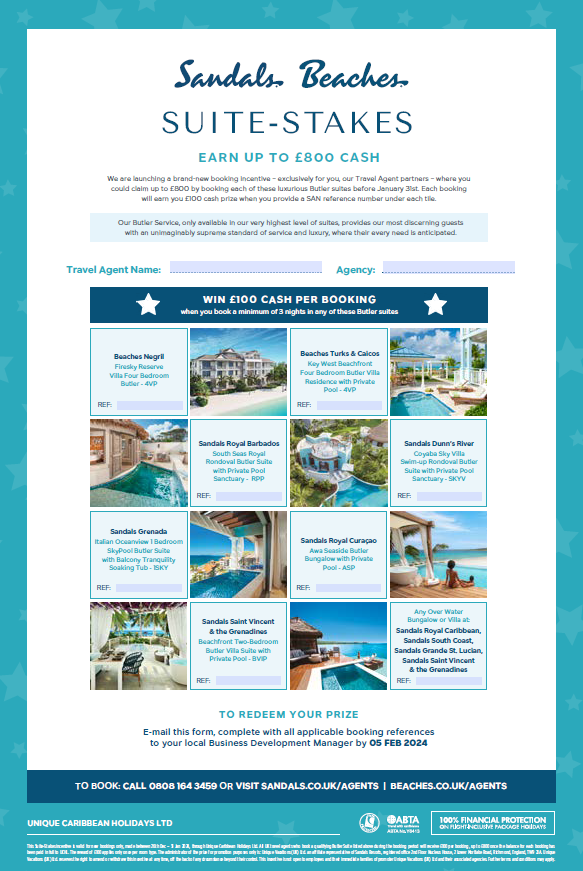Sandals and Beaches Resorts' New 'Suite-Stakes' Incentive - Travel